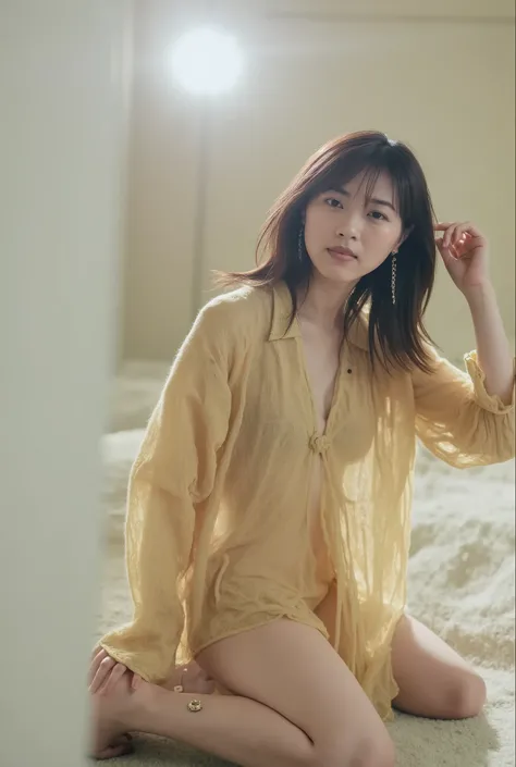 (a japanese woman looking at the camera with a low angle shot, biologically accurate, leaning forward, wearing a loose open shirt with no underwear, in a hotel room with indirect lighting, nude, completely naked)