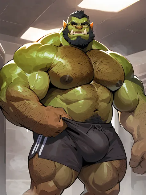 Green skinned bara orc, very large pecs, strong physique, very muscular with a belly, belly, alpha male, perfect anatomy, strong square jaw, masterpiece, black bushy beard, black eyes, thick black frame square glasses, lustful eyes looking at viewer, stron...