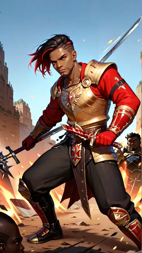 Create a dark-skinned African black man, With short black dread hair with red highlights, with goatee,  with blood red eyes ,  bronze armor with gold and diamond details black stones in, fighting with swords on a battlefield 