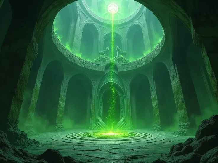 Huge fantasy round green corruption wizard tower interior hall, green walls, no people, necro magic atmosphere