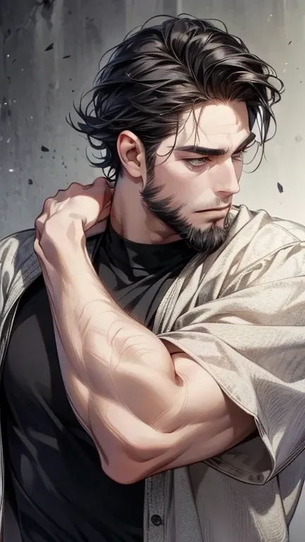 (  best quality,4K,8k,  highres,  masterpiece:1.2),  ultra-detailed  ,(realistic,photorealistic,photo-realistic:1.37),36-year-old man,3 day beard,cute anime ,Portraits,strong,Masculine,  dark hair,sharp jaw,    mesmerizing eyes    ,  perfectly combed hair,...