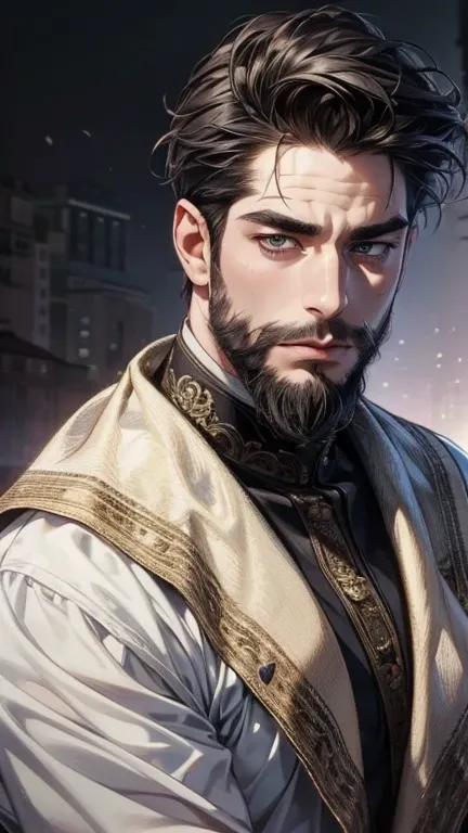 (  best quality,4K,8k,  highres,  masterpiece:1.2),  ultra-detailed  ,(realistic,photorealistic,photo-realistic:1.37),36-year-old man,3 day beard,cute anime ,Portraits,strong,Masculine,  dark hair,sharp jaw,    mesmerizing eyes    ,  perfectly combed hair,...