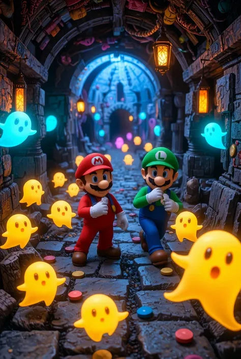 (pacmam and mario bros)  in giro per un castello, eating pills, in un labirinto. mostri.  multicolor glowing ghosts.  fantasy, 8k , ultra affilato, dettagli degli ornamenti, extremely_clear, realism, ultrarealistic,, insane details, intricate details, high...