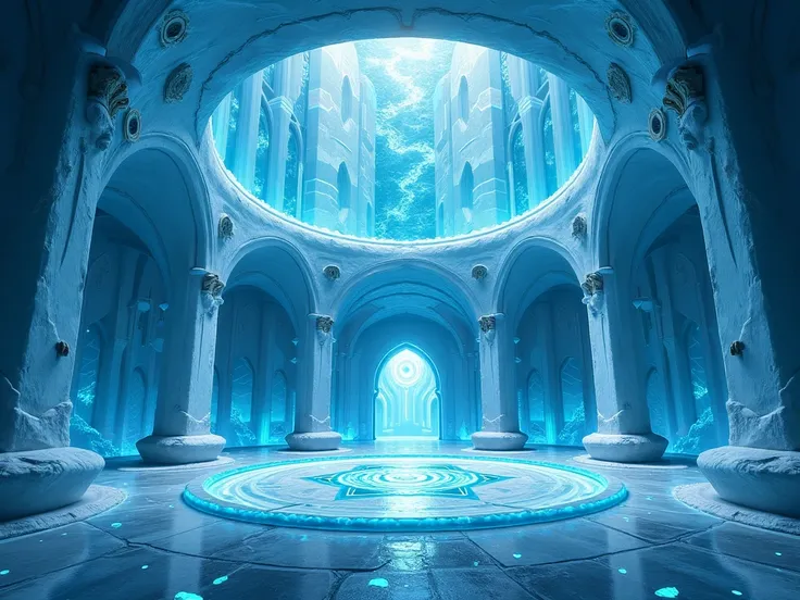 Huge fantasy round ice wizard tower interior hall, blue walls, no people, magic atmosphere