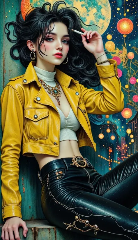 (  masterpiece ,   envelopes,   High resolution, 32k wallpaper,  CG extremely detailed :1), (Very detailed and perfect illustration . :1.0), ((Una mujer joven y hermosa de Cyberpunk Cyberpunk clothes top amarillo, Cyberpunk clothes,   dynamic and sensual p...