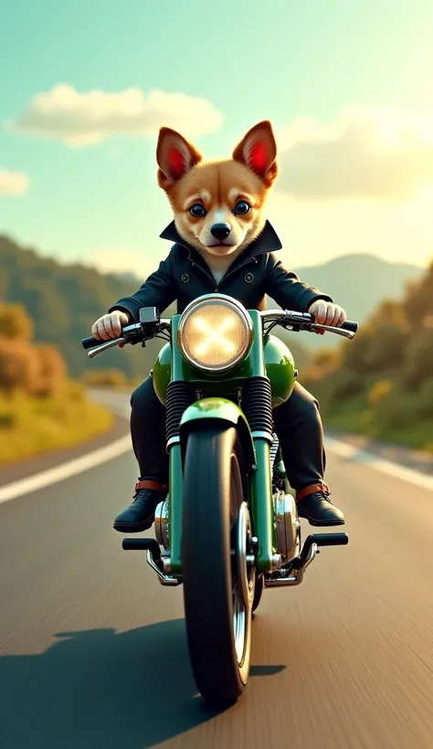 Realistically recreate the image of a cute anthropomorphic puppy wearing trousers and a black coat riding a green Royal Enfield Meteor motorcycle on the highway