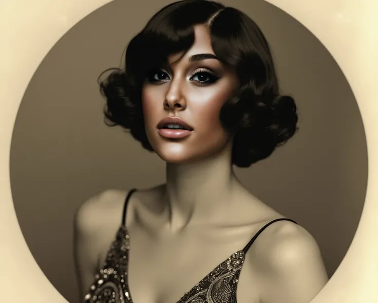 "Create a vintage 1920s-style portrait of a female jazz singer. She should have short, wavy bobbed hair, classic makeup with thin eyebrows and dark lipstick, and wear an elegant flapper-style dress with art deco patterns. The image should have a soft, sepi...