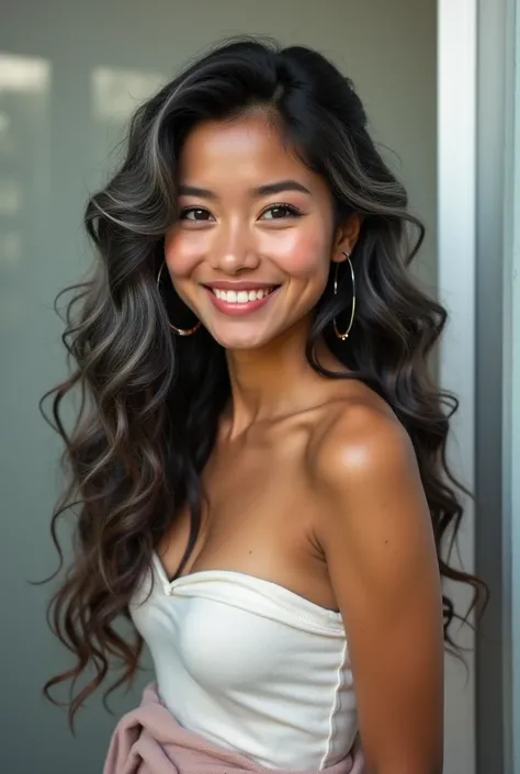 Extremely photorealistic beautiful youthful looking Filipino version of Ariana Grande a sexy beautiful youthful looking Asian as a 50 years old wom an supermodel long curly comple tely gray hair in a big curls styles her graying hair complements her mature...