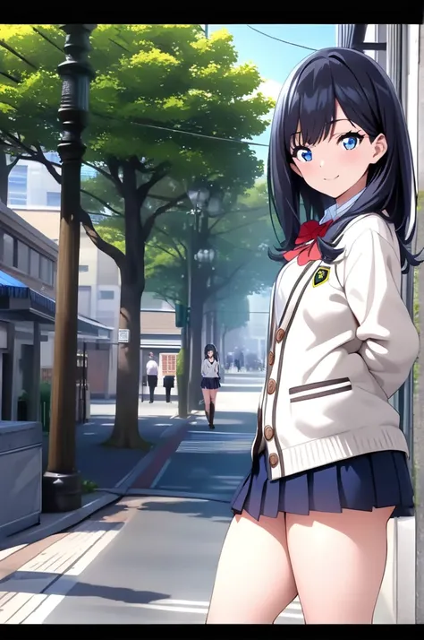  screen capture ,Alone, 1 girl, watches viewers,smile, Takarada Rikka, blue eyes,  black hair,  long hair, bangs, school uniform,  white cardigan,  black miniskirt,  red ribbon,  Super Detail, Masterpiece, top quality、 standing、Outdoors,  daytime, street t...