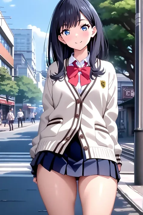  screen capture ,Alone, 1 girl, watches viewers,smile, Takarada Rikka, blue eyes,  black hair,  long hair, bangs, school uniform,  white cardigan,  black miniskirt,  red ribbon,  Super Detail, Masterpiece, top quality、 standing、Outdoors,  daytime, street t...