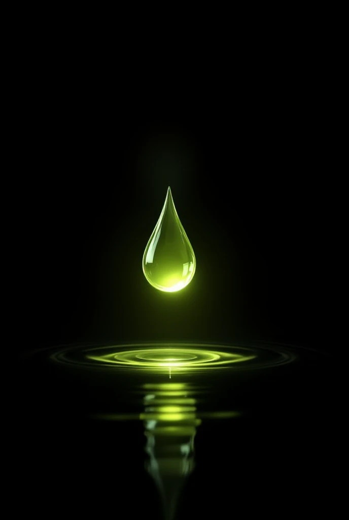 waterdrop logo , black background, light coming out from the water, diffused, detailed, sharp, lemon green  colour of water, single drop of water, water at the base, water merged with the black background, ripples on water