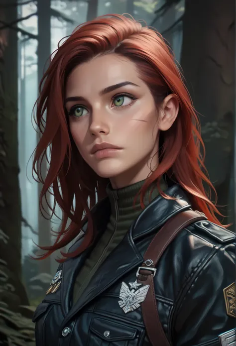 fantasy setting a tall and strong human woman with a red mane and green eyes dressed like a ranger looking to a side in a forest, accompanied by one grayish wolf, (((correct anatomy))), realistic