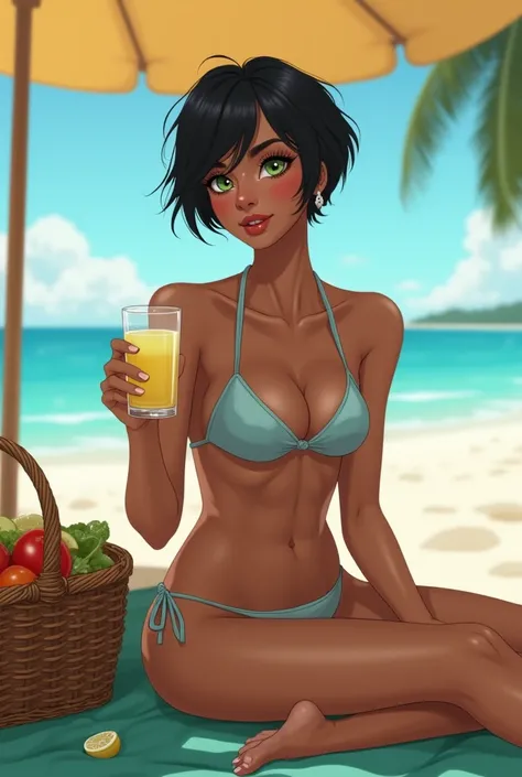 A human woman in her 20's, excellent physique, wearing a swimsuit in the colors of silver and sky blue, green eyes, black hair in a grown out pixie cut hairstyle, currently on a paradise planet with great weather currently on a beach sitting on a sea green...