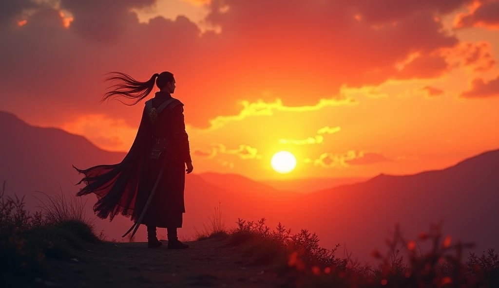 "Create a cinematic scene of a sunset, where the sky is painted in vibrant hues of orange, pink, and purple, with the sun slowly dipping below the horizon. The foreground should feature a figure—whether a warrior, a traveler, or a meditator—standing still,...