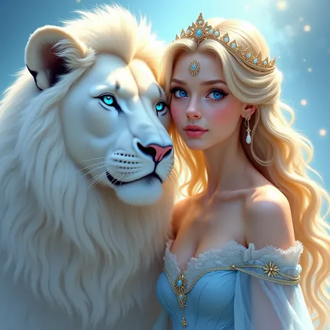 A princess with blue eyes, Blond hair with a white lion with blue eyes next to it 