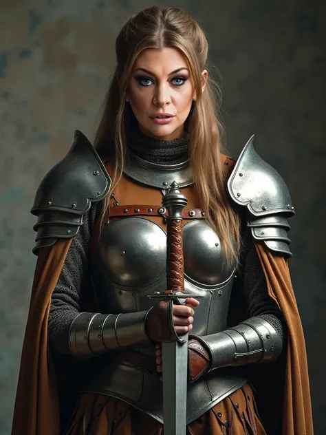 Create a hyper-realistic image of a medieval warrior inspired by the woman's appearance in the submitted photo.  She must wear detailed metallic armor ,  combining polished steel with brown leather elements .  Her hair and features must match that of the r...