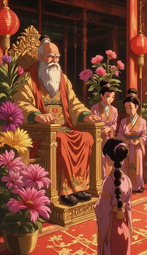 "In a magnificent Chinese palace hall, a group of ren proudly present their colorful and exotic flowers to the emperor, who sits on an ornate golden throne. The emperor, an elderly man with a long beard, observes them with a thoughtful expression. The hall...