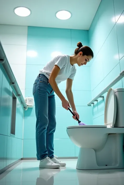 Picture the front of a slender, tall woman wearing jeans, white sneakers, and cleaning the toilet in a hospital bathroom