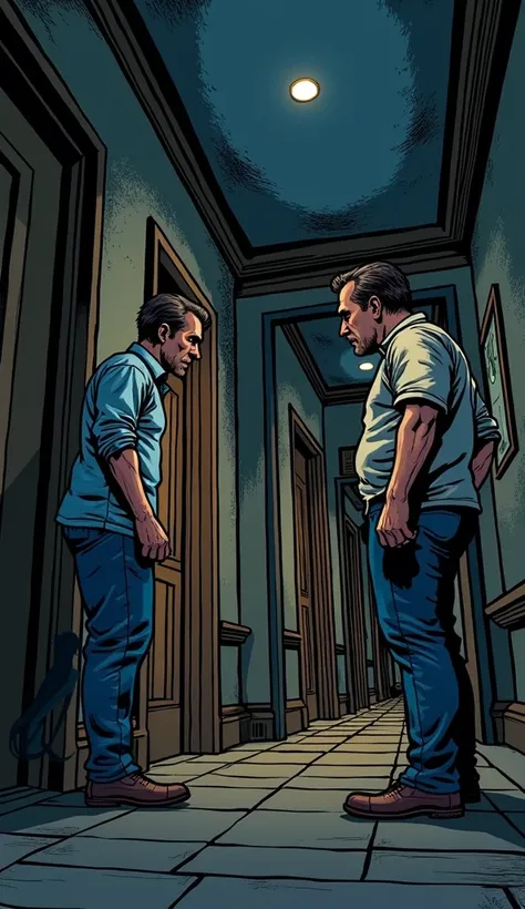  Comic-book scene .  The elevator opens on the fifth floor ,  and the two drunks come out together .  The older one is about to say goodbye ,  while the younger one looks around ,  realizing that they are going in the same direction . The corridor has beig...