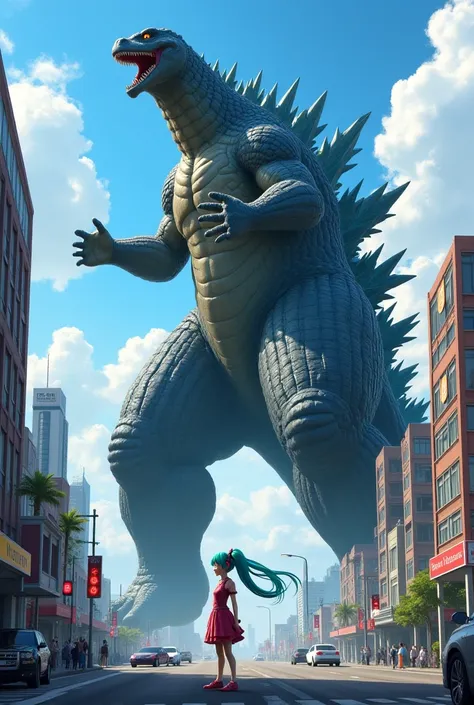 Godzilla with voluminous,eye cathing human feet towering over buildings, being treated like a Pokémon my hatsune miku who is behaving like his pokemon trainer 