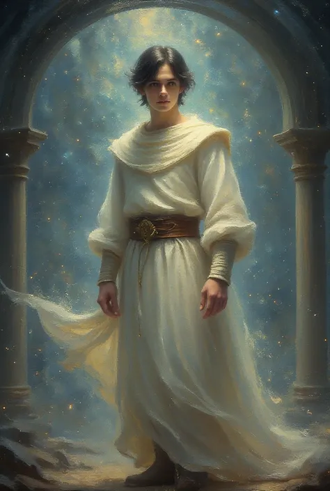 irrealistic drawing of a young man wearing medieval white clothes