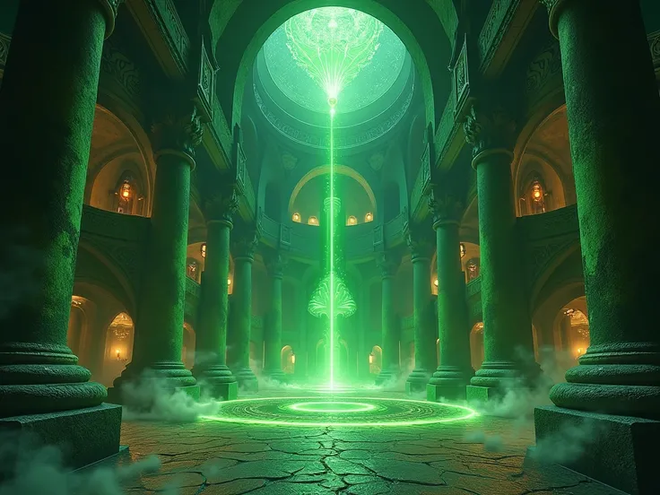 Huge fantasy round life wizard tower interior hall, green walls, no people, life magic atmosphere