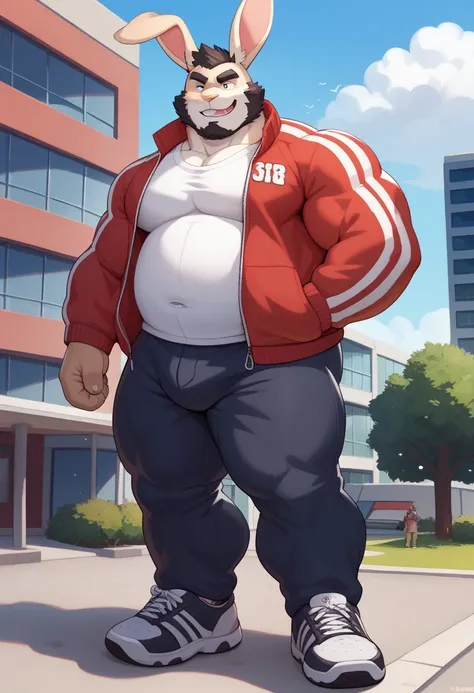 Scribble rabbit face,furry(rabbit), chubby, big strong thick muscle,( black eyebrows :1.1),(perfect eyes), fur，alone,（artist:takemoto arashi),（jock:1.3）， standing, Sneakers，（ Black beard :1.3），（Civil :1.3, College jacket, t-shirt, pants) rabbit (Massiv:3.0...