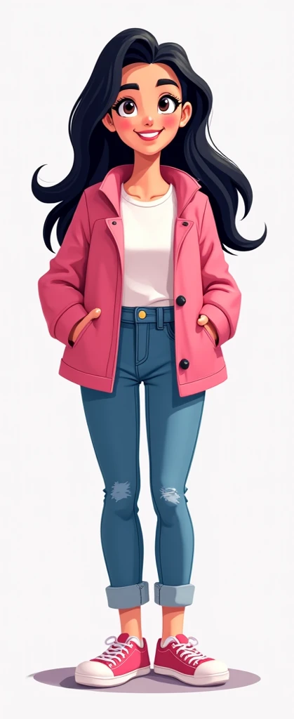 Generate a cartoon style woman avatar with neck-length black hair wearing a pink jacket open at the front and wearing jeans 