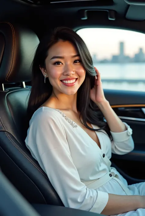 A realistic ultra 4K image of a stunning Japanese woman with a curvy, toned body sitting in the driver’s seat of her newly purchased luxury car. She has a radiant smile, exuding confidence and happiness as she relaxes comfortably in the sleek leather seat....