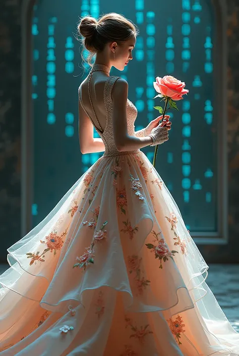  Visualize a beautiful  ((Futuristic robot woman)  with an essence  ( technology )  that combines classic elegance with a cybernetic and elegant touch .  Her flowing dresses are adorned with intricate floral patterns.  She is holding a holographic rose .  ...