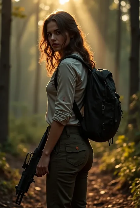  A woman with her back looking over her shoulder her dress is a pair of pants soiled with dust and blood,  A long-sleeved blouse she was carrying a backpack on her back and a gun in her hand in the middle of a forest late in the afternoon