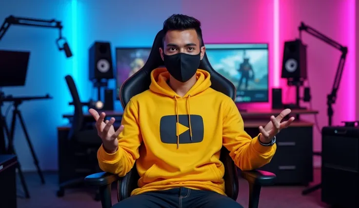 An Indian man sitting confidently on a modern gaming chair in his YouTube studio. He is wearing a movies logo printed yellow hoodie. His face is clearly visible and expressive despite wearing a sleek black covid-19 mask. The man is gesturing with his hands...