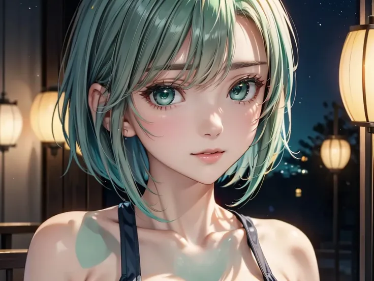  Masterpiece, amazing quality, top quality, Super Detail,8k, illustration ,CG, Shiny Hair, clean skin, Super Detail-eyes, Super Detail-background,cute girl,  has bangs all over her eyes , ((Pale mint green hair )), Short bob haircut with orange inner color...