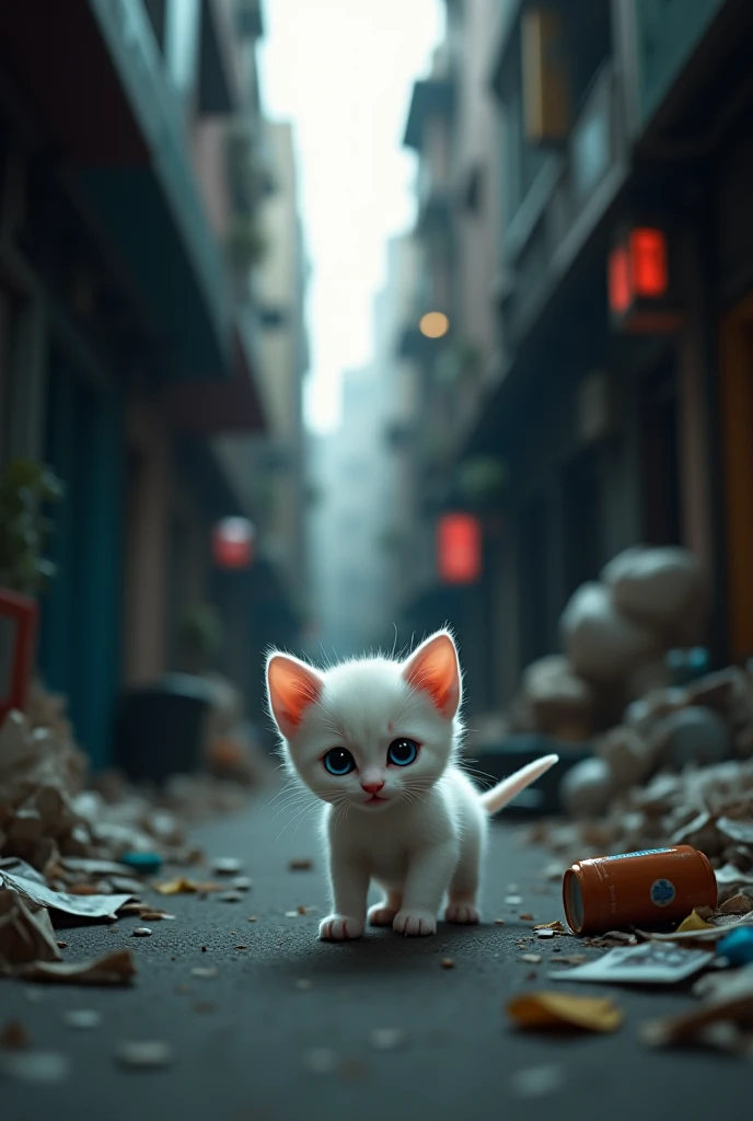 Cute white kitten lost in the city 