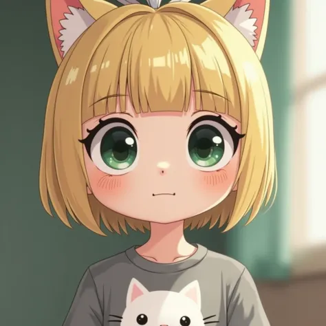  A close-up of a cartoon girl with a drawing of a white cat's head on her gray shirt. She has white skin and has a distant expression,  Huge eyes ,Short blonde hair and big green eyes ,  is a sad smiling expression,  A fixed cartoon picture ,  but a strict...