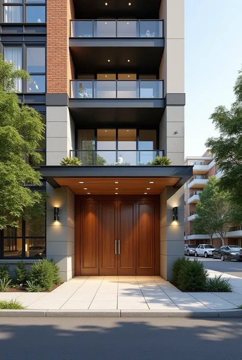 generate a realistic photo of the entrance of an apartment building