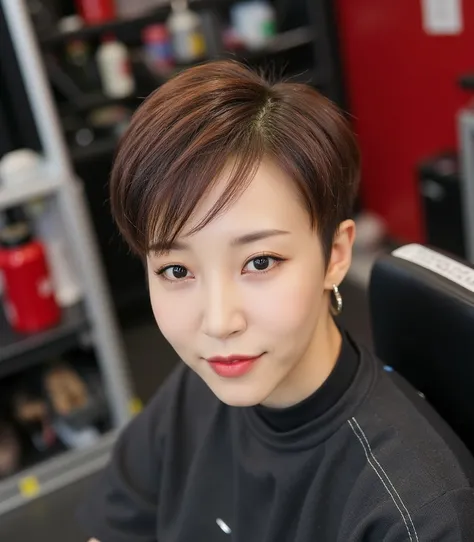 Moonbyul- MAMAMOO, asia woman, A meticulously Military Very extreme short Pixie high fade haircut , featuring sharp, clean edges and a seamless blend from the skin fade on the sides to the textured, flat top. The top section is styled with a modern Pixie, ...