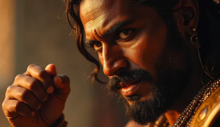 "Create a cinematic close-up image of Arjuna making a vow with intense determination and fervor. His face should be filled with passion and emotional intensity, eyes burning with resolve, as he raises his hand or clenches his fist, symbolizing his vow. His...