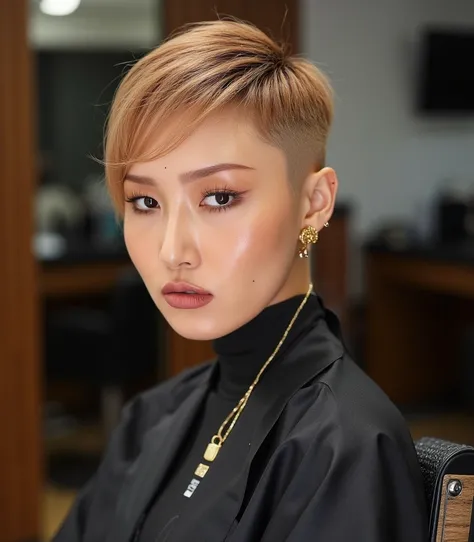 Hwasa - MAMAMOO, asia woman, A meticulously Military Very extreme short Pixie high fade haircut , featuring sharp, clean edges and a seamless blend from the skin fade on the sides to the textured, flat top. The top section is styled with a modern Pixie, sh...