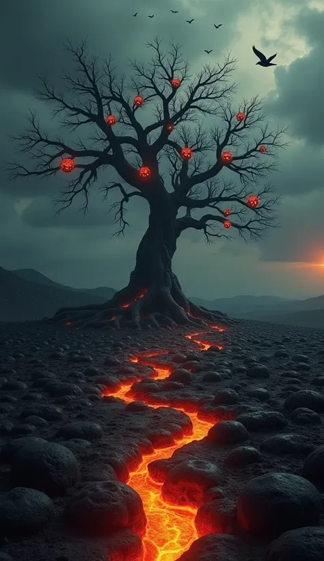 A dramatic scene of a mysterious imaginary world, as it extends a black -dressed plain that flows between them, glowing lava. In the middle, there is an old twisted tree with dry branches, from which strange fruits resemble skulls, but they are not bloody....