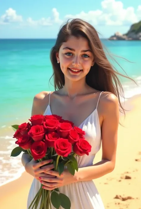 A beautiful yangest lady selling the red rose on the sea beach 