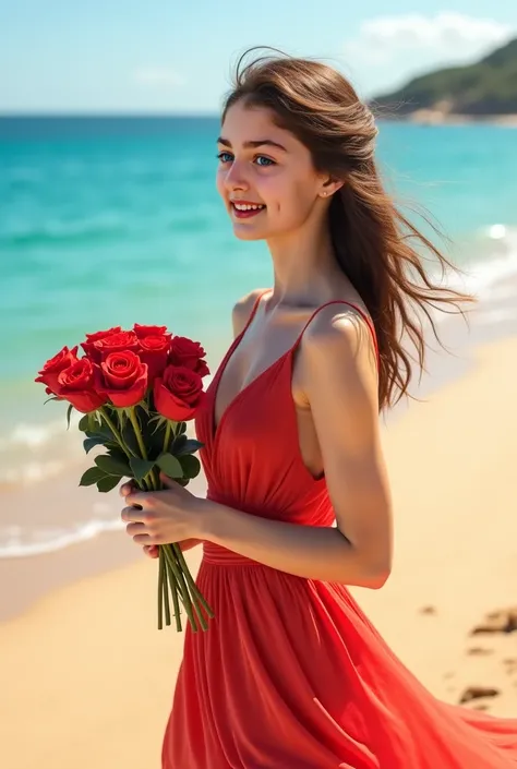 A beautiful yangest lady selling the red rose on the sea beach 