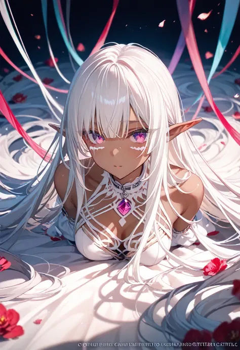 (masterpiece,   high quality ,   best size  ,   official art  ,   beautiful and aesthetic  :1.2), ((dark elf)), ((  1girl)),   very detailed ,  BREAK,   incredibly detailed face, Eye details, blunt bangs,   white hair, ( to the hair between the eyes  ), ey...