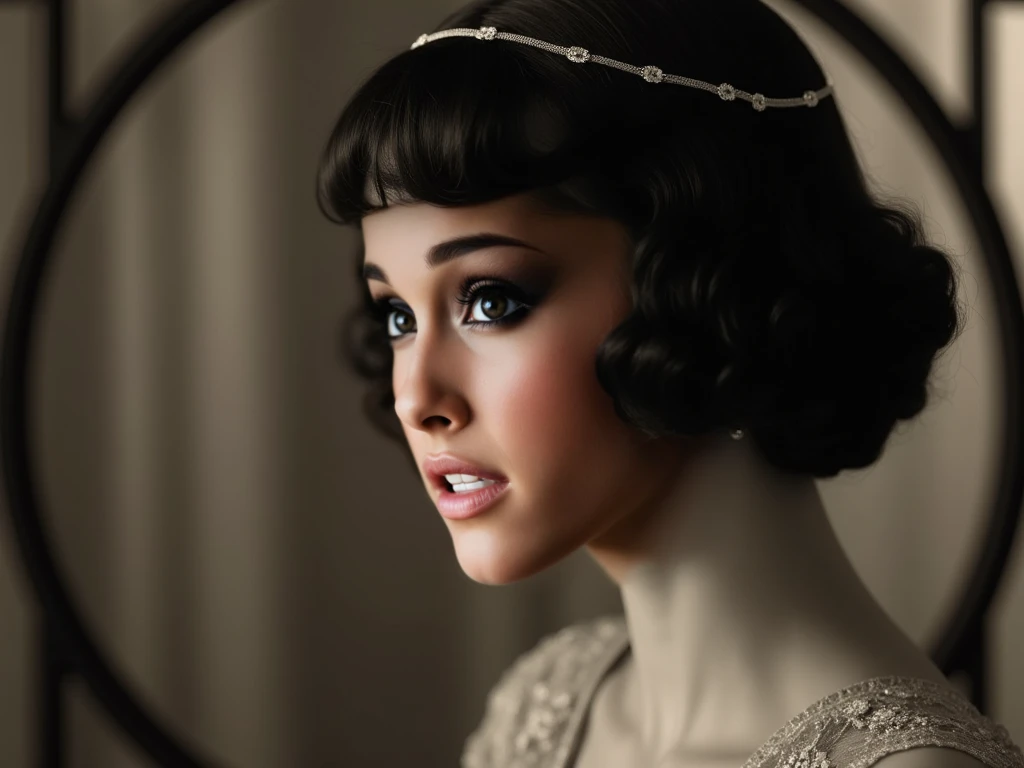 "Create a highly realistic 1920s-style portrait of a female jazz singer. She should have short, wavy bobbed hair, classic vintage makeup with thin eyebrows and dark lipstick, and wear an elegant flapper dress with delicate lace or beaded details. The light...