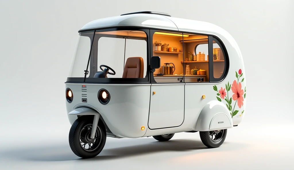 Front view painted white Design a compact, eco-friendly tricycle RV camper. It should have a sleek, modern aesthetic with a white exterior, floral decorations along the edges, and a cozy, illuminated interior. Include a small kitchenette with utensils, win...