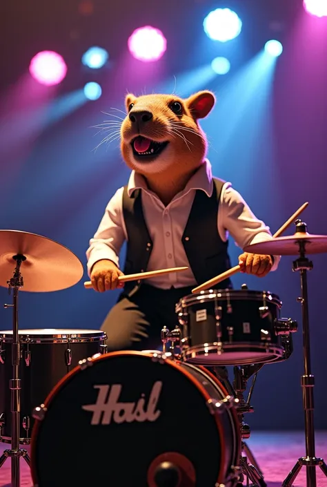 Make an image of a Capybara with a human body,  dressed in a white shirt and black vest, Playing acoustic drums,  muscle abdomen {x} with tongue out, During a show on stage with lights.