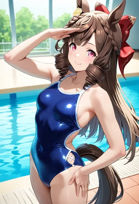 Daiichi Ruby ( Uma Musume )Daiichi Ruby \( Uma Musume \), 1 girl, horse ears, Horsetail, viewers, Horsetail, smile, viewers, standing, Uma Musume , 1 girl, horse ears, Horsetail, The viewers, competitive swimsuit, swimsuit, Bikini Swimsuit, absolute domain...