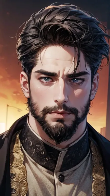 (  best quality,4K,8k,  highres,  masterpiece:1.2),  ultra-detailed  ,(realistic,photorealistic,photo-realistic:1.37),36-year-old man,3 day beard,cute anime ,Portraits,strong,Masculine,  dark hair,sharp jaw,    mesmerizing eyes    ,  perfectly combed hair,...