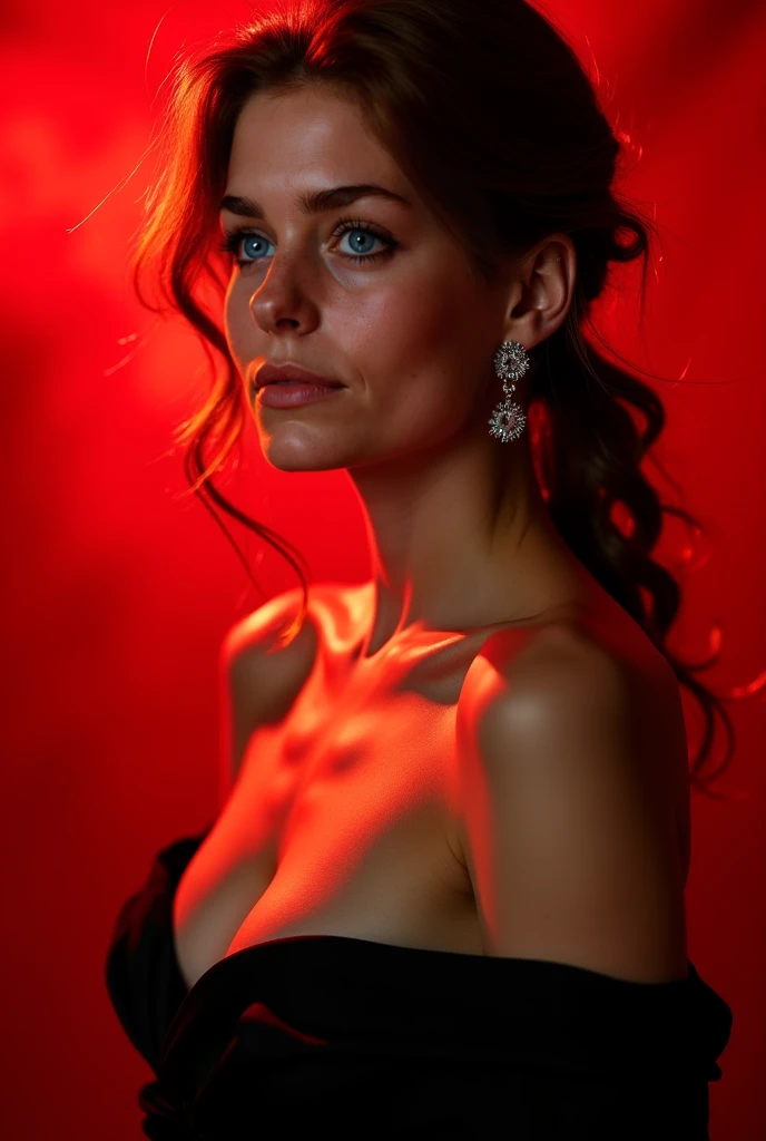 Une belle jeune femme rousse aux seins moyens et aux yeux bleus, capturée en studio dans un portrait cinématographique intense en vue torse. Son visage est légèrement tourné de profil, baigné par une lumière chaude qui illumine ses traits, mettant en valeu...