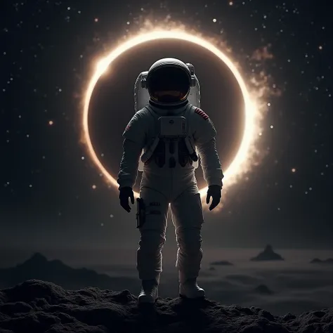 Astronaut standing in star-filled space receiving the eclipse from behind 